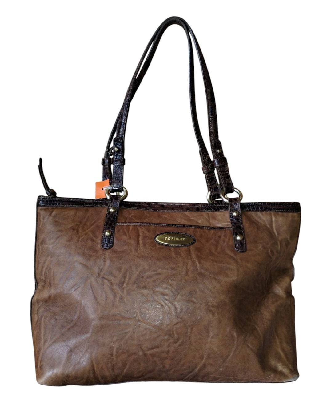 Vtg '90 Brahmin Arno Tuscan Hand Bag Brown Croc Leather Usa Good Hardsides Med